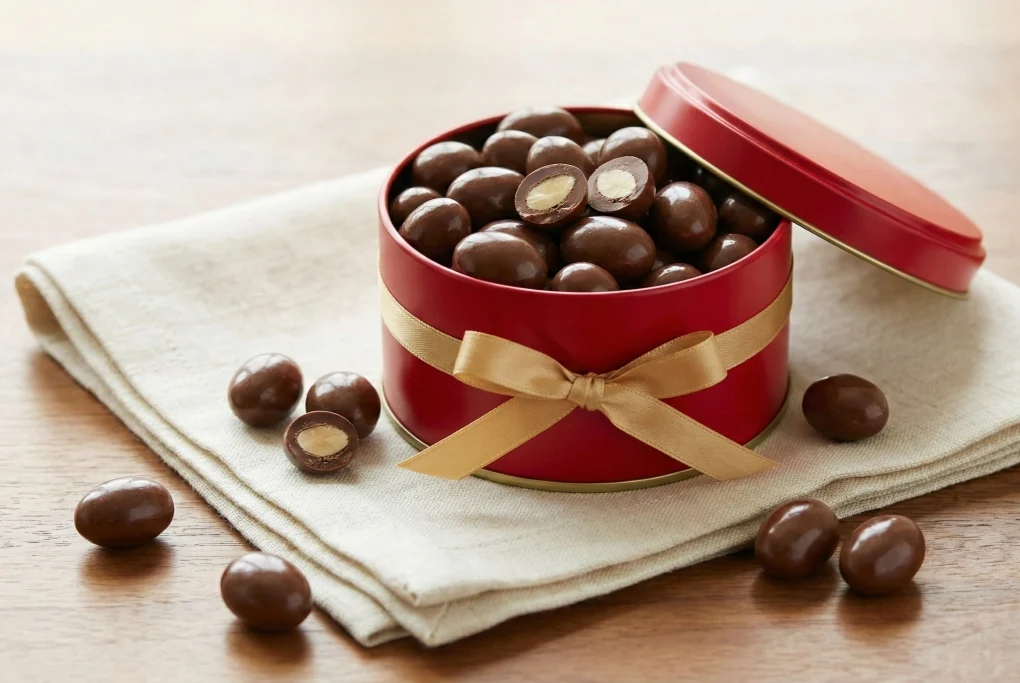 Lata vermelha com drageados de chocolate