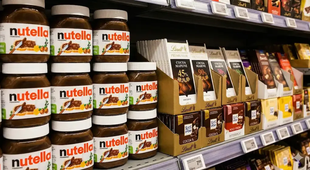 Nutella é chocolate ou creme de avelã. Prateleira com embalagens de Nutella ao lado de barras de chocolate.