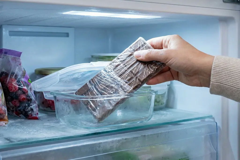 Pode congelar chocolate. Um chocolate embalado em plástico filme no freezer.