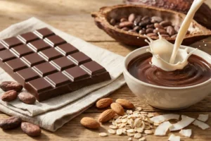 Existe chocolate vegano. Uma barra de chocolate ao lado amendoas, aveia, coco e nibs de cacau.